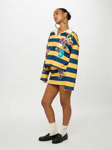 SUMWON WOMEN Varsity Rugby Stripe Collegiate Style Sweatshirt With Patches Retro Sports Number Football For Fall Winter Y2K Fashion - Multicolor - View 7