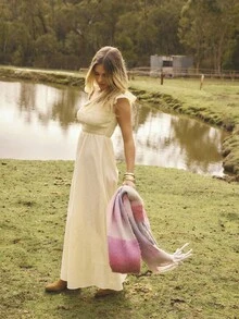 Aralina Fall/Winter Shirred Short Sleeve Gingham Check Flowy Maxi Dress Perfect For Christmas Day Outfit And Summer Vacation Wedding Guest Dress For Women - Multicolor - View 5