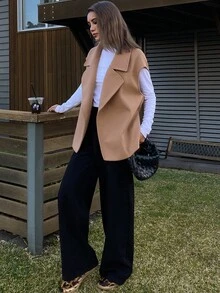 DAZY Damen lässiger einfarbiger locker sitzender ärmellose Wollmantel, Jacke/Weste für Herbst/Winter - Khaki - Übersicht 3