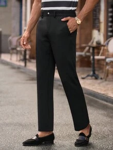 HIMLAND Men's Casual Tapered Trousers With Zipper Back Pockets, Solid Color - Black - View 5