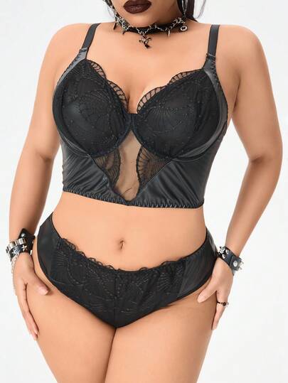 Grunge Punk Conjunto de lencería talla grande con sujetador de aros y tanga de encaje de estilo punk oscuro de PU