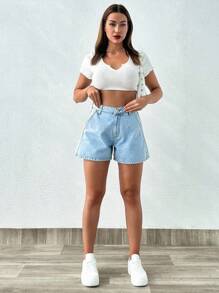 EURMUSE 100%Cotton Snow Wash Denim Shorts For Summer - Light Wash - View 4