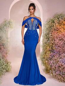 Glamrae 优雅奢华水钻弹力针织露肩美人鱼泳衣，适合婚礼、派对、度假、庆典、正式场合（重型） - 寶藍色 - 查看 4