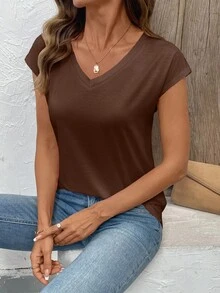 EMERY ROSE Women's Casual Solid Color V-Neck T-Shirt, Summer - Coffee Brown - View 3