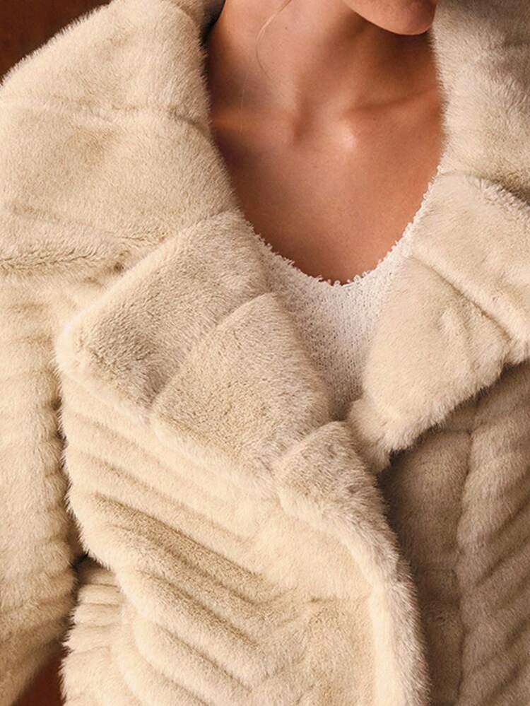 SOLID LAPEL COLLAR FAUX FUR COAT