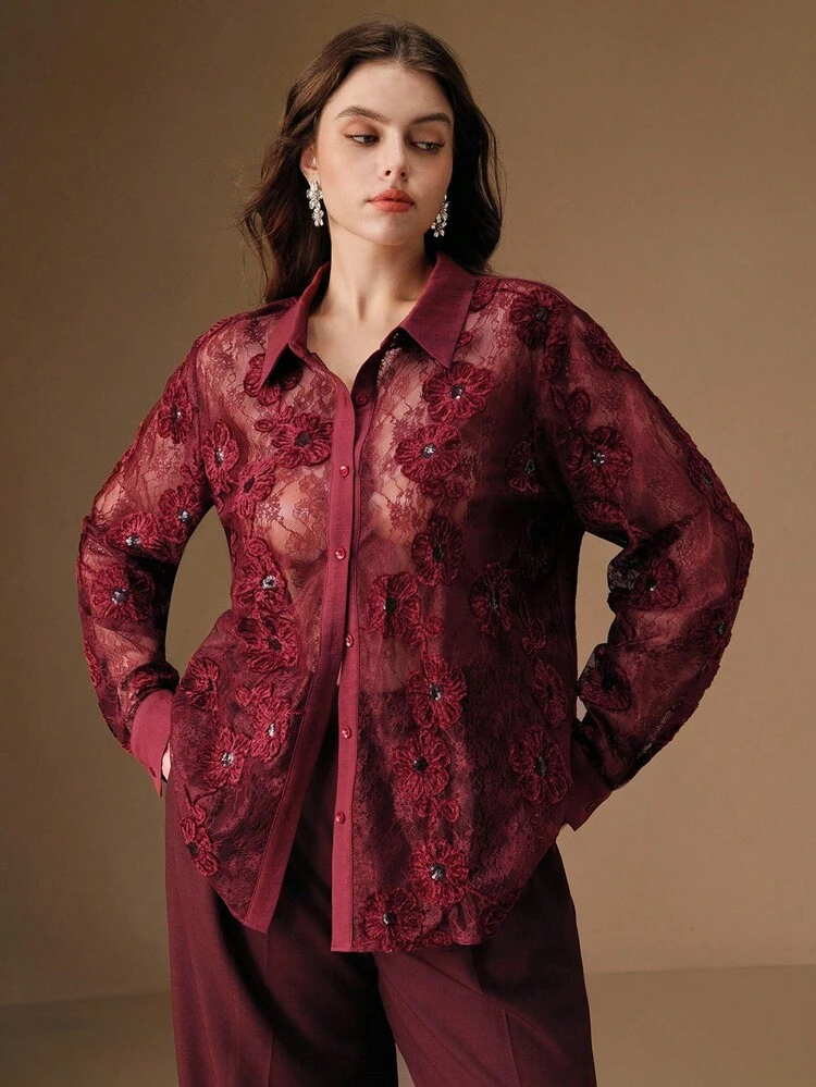 Plus Size Women's Vintage Elegant Floral Flocked Embroidery Lace Patchwork Sheer Burgundy Party Loose Collar Blouse, Autumn/Winter