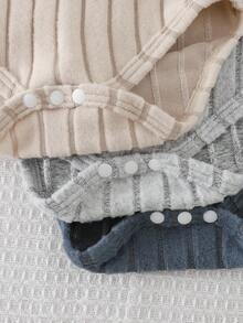 Playful Pals 3件套男婴撞色抓绒连体衣，拼接圆领长袖带口袋保暖罗纹连体衣，休闲户外服，秋冬季