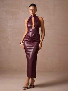 Lumalex 秋冬季仿皮亮面高领V领镂空修身开衩连衣裙，女士派对必备，优雅魅力，新款时尚，奢华舞会聚会宴会，低调奢华，闪耀节日派对狂欢节郊游度假，户外热门，层次丰富，婚礼季宴会，宰牲节派对新年皮裙酒红色连衣裙，镂空连衣裙 - 酒紅色 - 查看 4