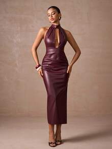 Lumalex 秋冬季仿皮亮面高领V领镂空修身开衩连衣裙，女士派对必备，优雅魅力，新款时尚，奢华舞会聚会宴会，低调奢华，闪耀节日派对狂欢节郊游度假，户外热门，层次丰富，婚礼季宴会，宰牲节派对新年皮裙酒红色连衣裙，镂空连衣裙 - 酒紅色 - 查看 7