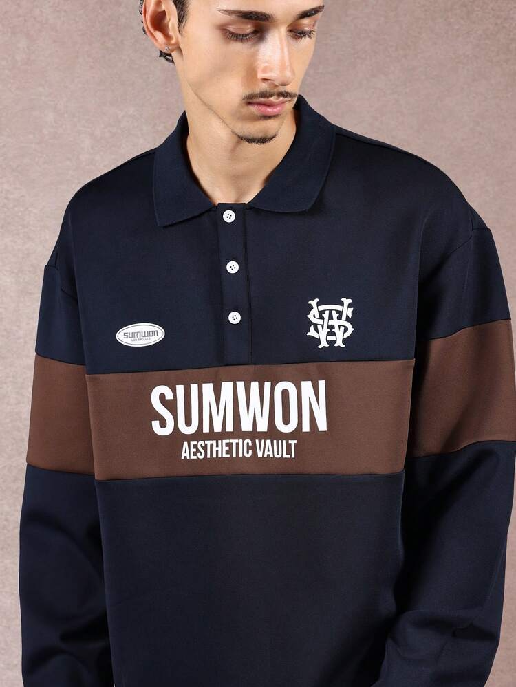 Boxy Fit Polo With Color Block Design And Logo Print