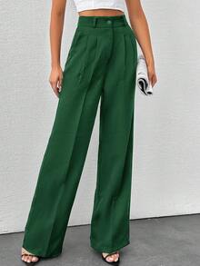 SHEIN Tall Tall Women's Solid Color High Waisted Wide Leg Pants Green Pants For Women High Waist Pants Pleated Pants Emerald Green Pants Pleated Wide Leg Pants - Green - View 4