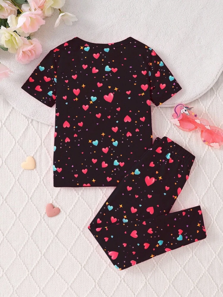 2 piezas Conjunto de top de manga corta y pantalones con estampado de unicornio y corazón que brillan en la oscuridad para niñas pequeñas, adecuado para uso al aire libre - Negro - Añade 2