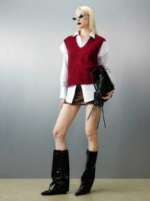 Women Casual Daily Cable Knit V-Neck Vest, For Autumn - Burgundy - View 4