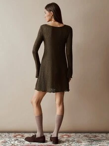 Florisole 女式休闲复古纯色喇叭袖短款连衣裙 - 巧克力棕 - 查看 2
