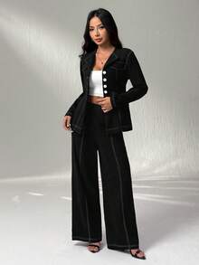 SHEIN PETITE 纽扣长袖衬衫和休闲裤套装 - 黑色 - 查看 7