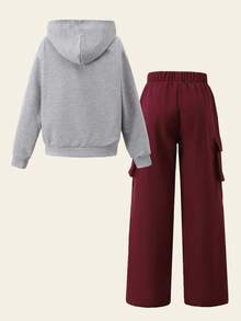 Tween Girls Casual Printed Hoodie & Cargo Pants Set - Burgundy - View 2