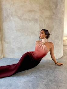 Aloruh Women's Elegant Sexy Metal Buckle Decor Hollow Out Bodycon Black Knit Stretch Maxi Dress, Ombre Angola Red Print, Graceful,Party Dress Chic Dress,Wedding Guest Dress,Prom Dress,Fall Wedding Guest Dress