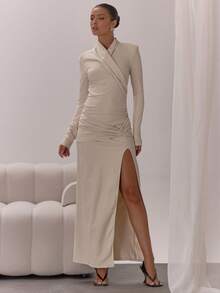 MUSERA 交叉领口褶皱裹身开衩长裙，优雅性感，适合夜晚外出、婚礼宾客、度假、秋季叠穿派对、感恩节、时尚新娘、单身派对、告别单身派对等场合。 - 卡其色 - 查看 1