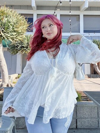 Hourglow Plus Size Women's Vacation Spring White Stretch Jacquard Deep V-Neck Front Tie Flare Long Sleeve Floral Blouse