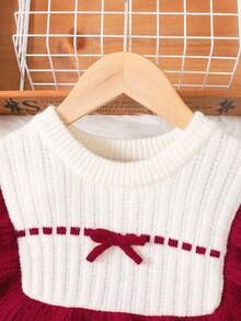 Elladie kids 1 件女童毛衣裙，甜美公主风格，红白色块罗纹纹理，蝴蝶结装饰，荷叶边下摆，罗纹针织，圆领长袖，欧式设计连衣裙，常规厚度，适合生日派对，秋冬