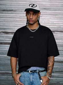 AXEPEAK 男式宽松老鹰印花水钻短袖T恤 - 黑色 - 查看 4