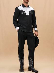 Manfinity Nomadique Men's Casual Everyday Contrast Color Button-Front Shirt And Pants Set,Fall Clothes - Black - View 4