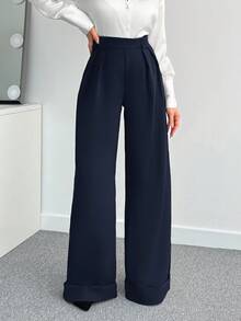 EURMUSE Women Solid Color High Waist Wide Leg Pants - Navy Blue - View 4