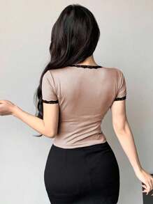 DAZY Women's Slim Fit Lace Trim Color Block T-Shirt Going Out Tops - Khaki - View 5