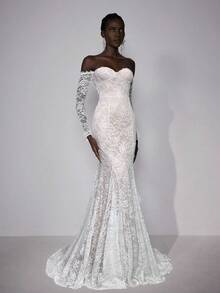 Elitara 女士优雅浪漫奢华全蕾丝露肩长袖花卉蕾丝拼接鱼尾下摆露背U领长款婚纱 - 杏色 - 查看 3