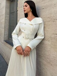 Firerie Elegant Women's Off-White 2 Pieces Set,Autumn Office Long Sleeve Top With Belt & Pleated Umbrella Chiffon Skirt,Business Casual Teacher Outfits Suit - Apricot - View 5