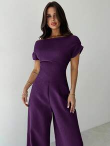 Firerie 夏季新款女士优雅休闲通勤白色落肩上衣和阔腿裤套装 - 紫色 - 查看 5