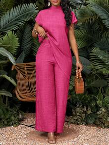 SHEIN Lady Bộ 2 món áo thun cổ lọ tay ngắn màu trơn cỡ lớn và quần dài - Màu Hồng Tươi - Xem 7