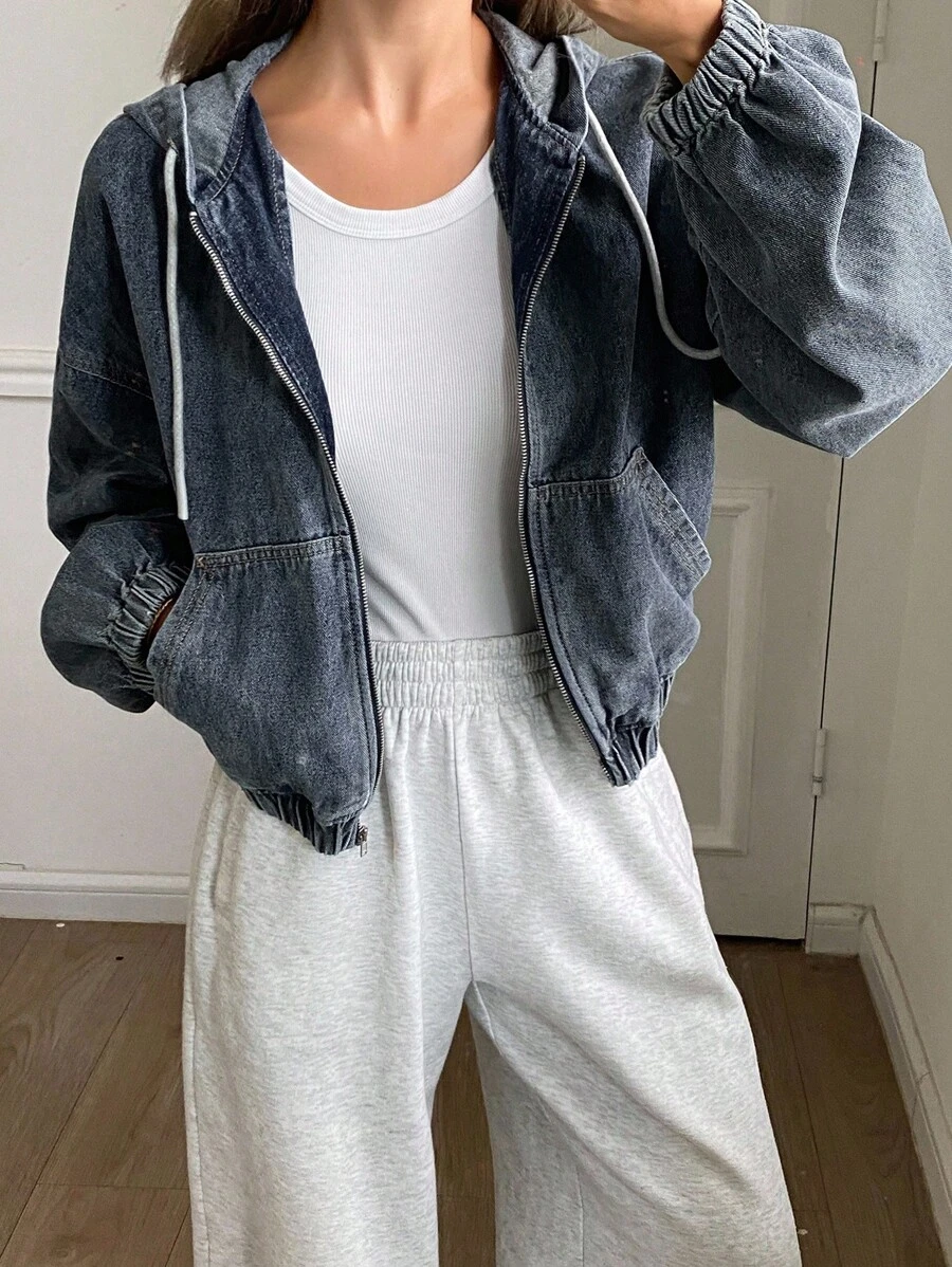 DAZY 秋冬新款宽松休闲做旧洗水女式牛仔夹克和外套 - 藍色 - 查看 1