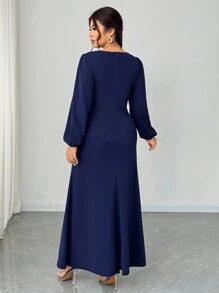 Elenzga Đầm maxi xẻ tà cổ chữ V tay dài thanh lịch cỡ lớn dành cho nữ, thích hợp cho tiệc tùng, tiệc cưới, mùa xuân/thu/đông - Màu xanh hải quân - Xem 3