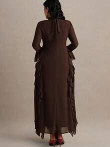 MaterniChic 孕妇纯色立领插肩袖荷叶边下摆时尚连衣裙 - 棕色 - 查看 2