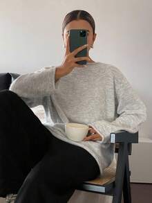 DAZY 女式纯色船领落肩休闲针织套头衫秋冬 - 灰色 - 查看 6