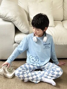 SHEIN 2pcs Tween Boy Casual Crew Neck Cute Bear Graphic Long Sleeve T-Shirt & Plaid Pants Pajama Set Fall Winter - Blue - View 5
