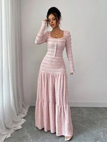 Selianne Women's Pink Textured Fabric Casual Vacation Style Long Sleeve Square Neck Button-Up Top With Paneled Design And Flared Maxi Skirt 2 Pieces Set, Autumn Fall Cloth For Women - Pink - View 4