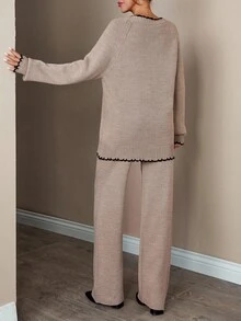 EURMUSE Relaxed Fit Knit Sweater With Tie Front And Black Contrast Trim Matched With Cozy Knit Pants,Loungewear Set,Winter Clothes Women,Two Piece Set Women,Winter Clothes,Autumn Outfits Women,2 Piece Set Women - Mocha Brown - View 2