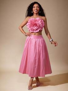 Vixey Áo corset không dây kéo khóa sau bằng vải taffeta trơn đính hoa 3D - Hồng - Xem 2