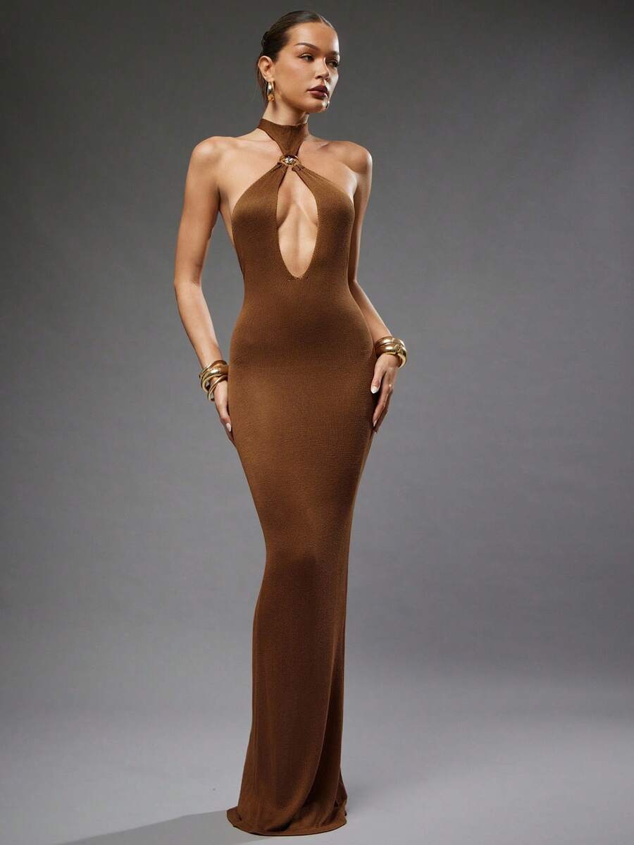 Hauture 女式纯色镂空性感紧身长款露背连衣裙 - 棕色 - 查看 1