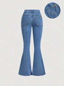 SHEIN MOD 女式休闲日常水洗褶皱喇叭牛仔裤 - 藍色 - 查看 3