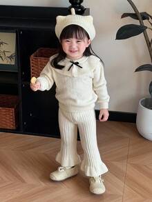 DAZY 女婴荷叶边领韩版蝴蝶结长袖毛衣裤套装，奶油色女婴套装，泡泡袖女婴套装，幼儿女童服装 - 米色 - 查看 6
