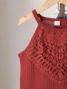 Sparklyn Girls' Vacation Beach Countryside Summer Crochet Lace Trim Fitted Cropped Camisole - Burgundy - View 6