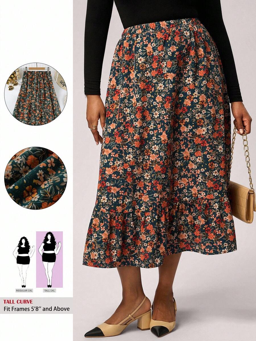 SHEIN Tall CURVE Plus Size Women Floral Ruffle Hem Skirt, Western Wear Women, Boho, Hippie, Cowgirl - Multicolor - View 1