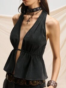 Easelle Easelle Y2K Style Halter Backless Wide Leg Pocket Plaid Necklaces, Sexy And Backless, Sweet And Cool On The Street Women Suit