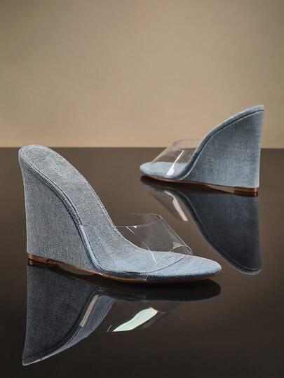 SHUZIA Women Clear Wedge Heeled Mules, Fashionable Open Toe Sandals Vacation Shoes Casual Shoes Beach Shoes Mother's Day Present For Christmas Valentine's Day