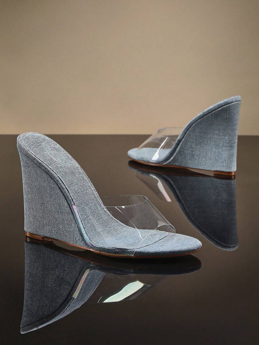 SHUZIA Women Clear Wedge Heeled Mules, Fashionable Open Toe Sandals Vacation Shoes Casual Shoes Beach Shoes Mother's Day Present For Christmas Valentine's Day - Clear - View 1