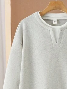 SHEIN 休闲纯色装饰标签细节二合一圆领落肩卫衣，简约基本百搭，适合居家、通勤、学校、日常休闲、旅行、户外、派对、秋冬 - 彩色 - 查看 3