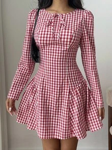 SHEIN EZwear 格纹系带腰部中长连衣裙 - 紅色 - 查看 7